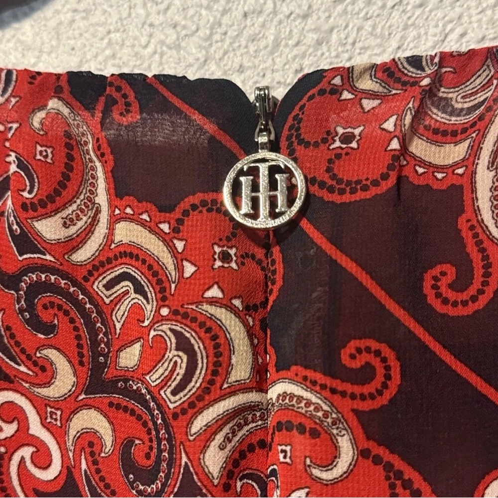 Tommy Hilfiger Paisley Print Chiffon Blouse XL Red Navy Boho Top Bubble - Picture 4 of 8